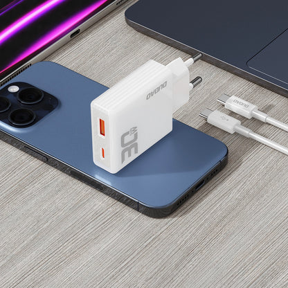 Dudao A30EUT Chargeur réseau avec câble USB-C, 30W, 3A, 1 x USB-A - 1 x USB-C, blanc 