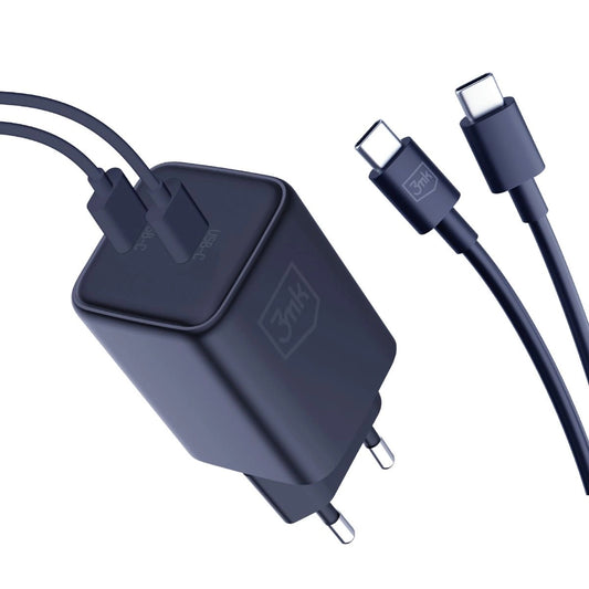 Chargeur réseau HyperCharger 3MK avec câble USB-C, 45W, 3A, 2 x USB-C, noir 