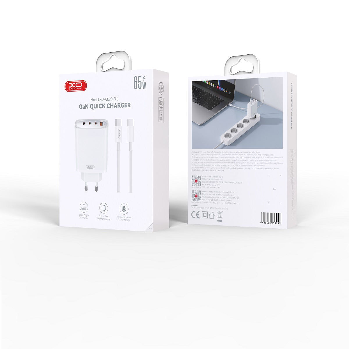 Chargeur réseau avec câble USB-C XO Design CE23, 65W, 3,25A, 1 x USB-A - 3 x USB-C, blanc 