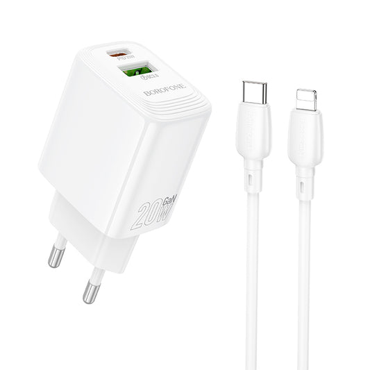 Chargeur réseau avec câble Lightning Borofone BN27 Fuente, 20W, 3A, 1 x USB-A - 1 x USB-C, Blanc