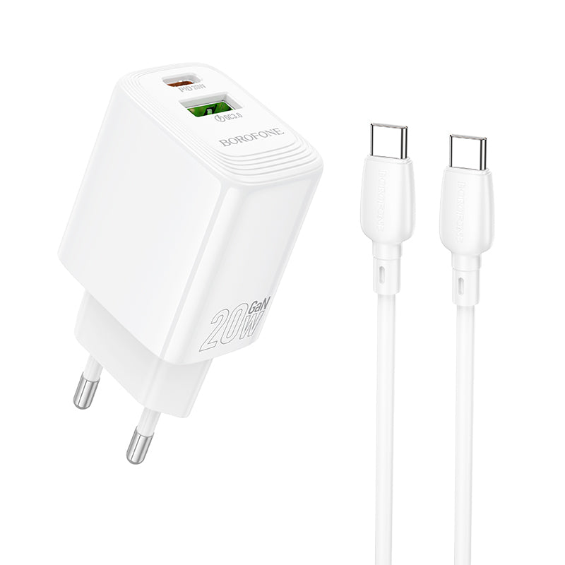 Chargeur réseau avec câble USB-C Borofone BN27 Fuente, 20W, 3A, 1 x USB-A - 1 x USB-C, Blanc