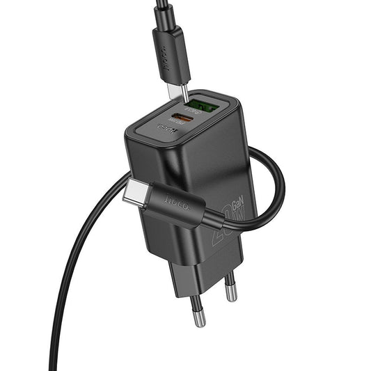 Chargeur réseau avec câble Lightning HOCO N61, 20W, 3A, 1 x USB-A - 1 x USB-C, Noir
