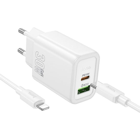 Chargeur réseau avec câble Lightning HOCO N63, 30W, 3A, 1 x USB-A - 1 x USB-C, Blanc