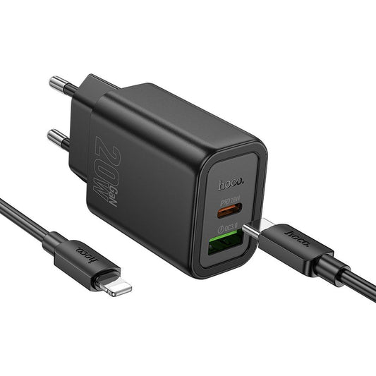 Chargeur réseau avec câble USB-C HOCO N61, 20W, 3A, 1 x USB-A - 1 x USB-C, Noir