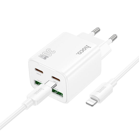Chargeur Réseau avec Câble Lightning HOCO N56, 30W, 3A, 2 x USB-A - 2 x USB-C, Blanc