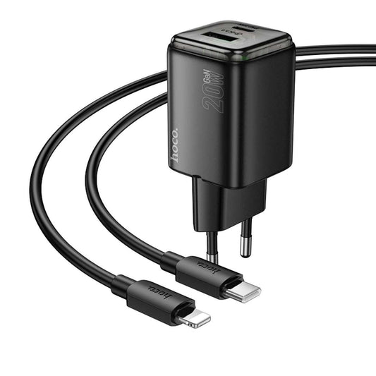 Chargeur réseau avec câble Lightning HOCO N52, 20W, 3A, 1 x USB-A - 1 x USB-C, Noir