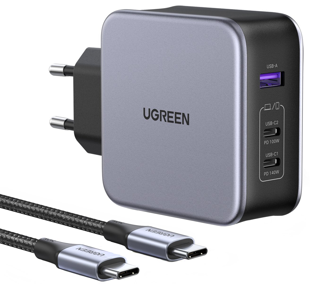 Chargeur réseau avec câble USB-C UGREEN CD289, 140W, 5A, 1 x USB-A - 2 x USB-C, Gris