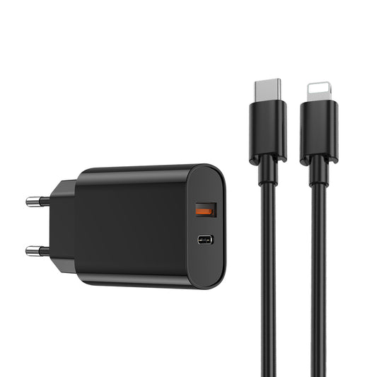 Chargeur réseau avec câble Lightning WiWu Wi-U002, 20W, 3A, 1 x USB-A - 1 x USB-C, Noir