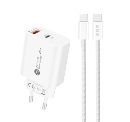 Chargeur réseau avec câble USB-C A6MaxL, 20W, 3A, 1 x USB-A - 1 x USB-C, Blanc