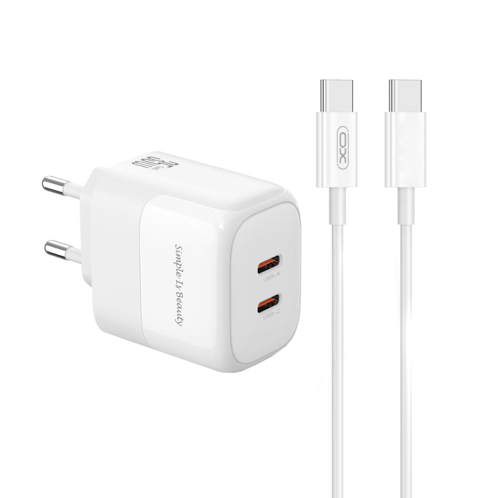 Chargeur réseau avec câble USB-C XO Design L140, 35W, 3A, 2 x USB-C, Blanc