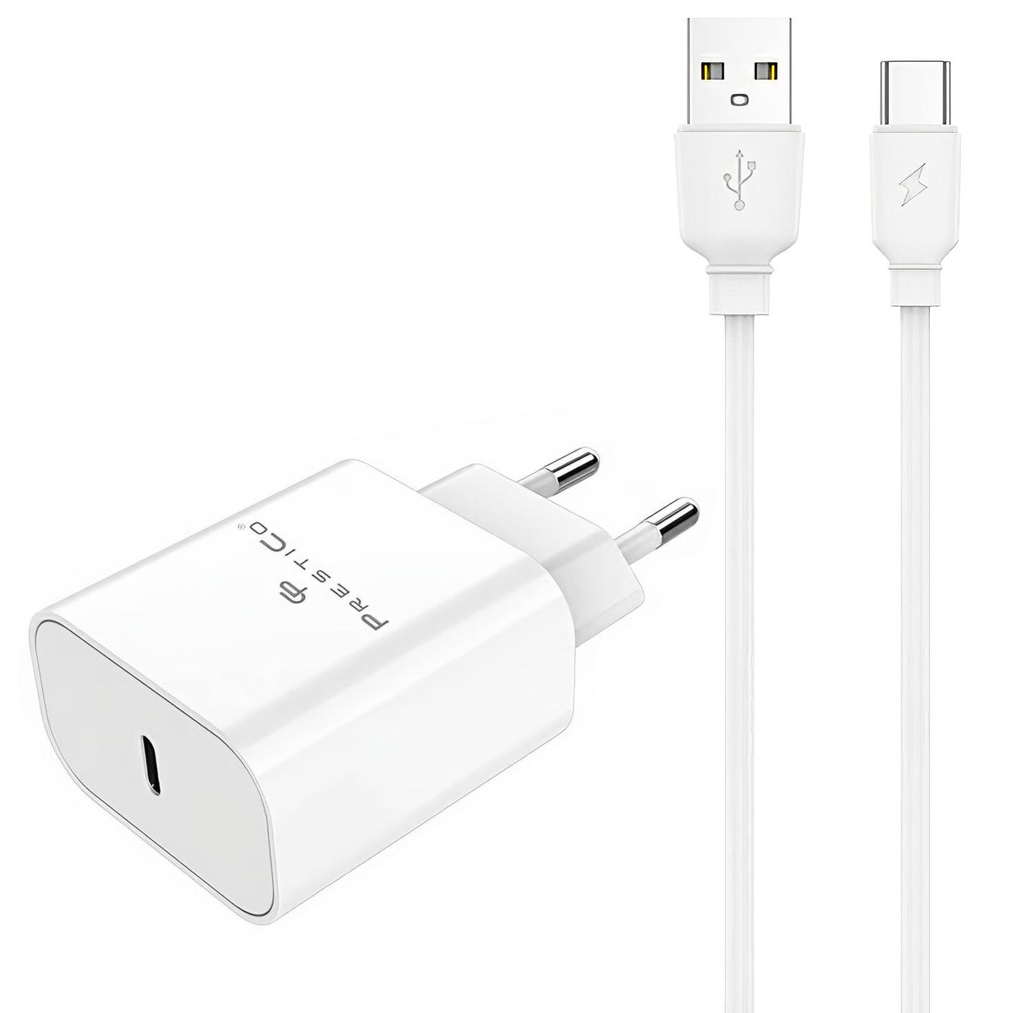 Chargeur réseau avec câble USB-C Prestico F15S-C, 30W, 3A, 1 x USB-C, Blanc