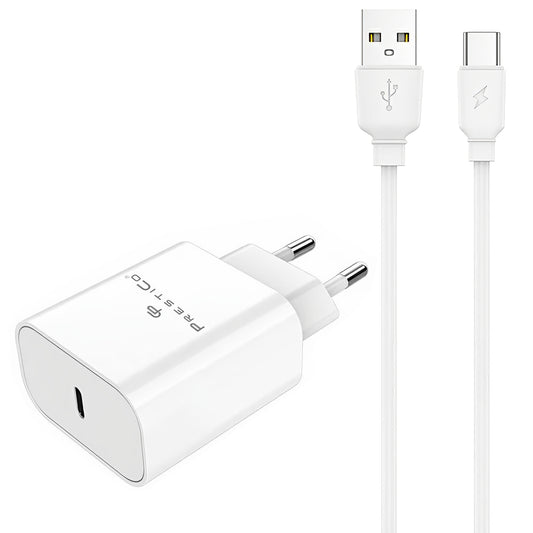 Chargeur réseau avec câble USB-C Prestico F15S-C, 30W, 3A, 1 x USB-C, Blanc