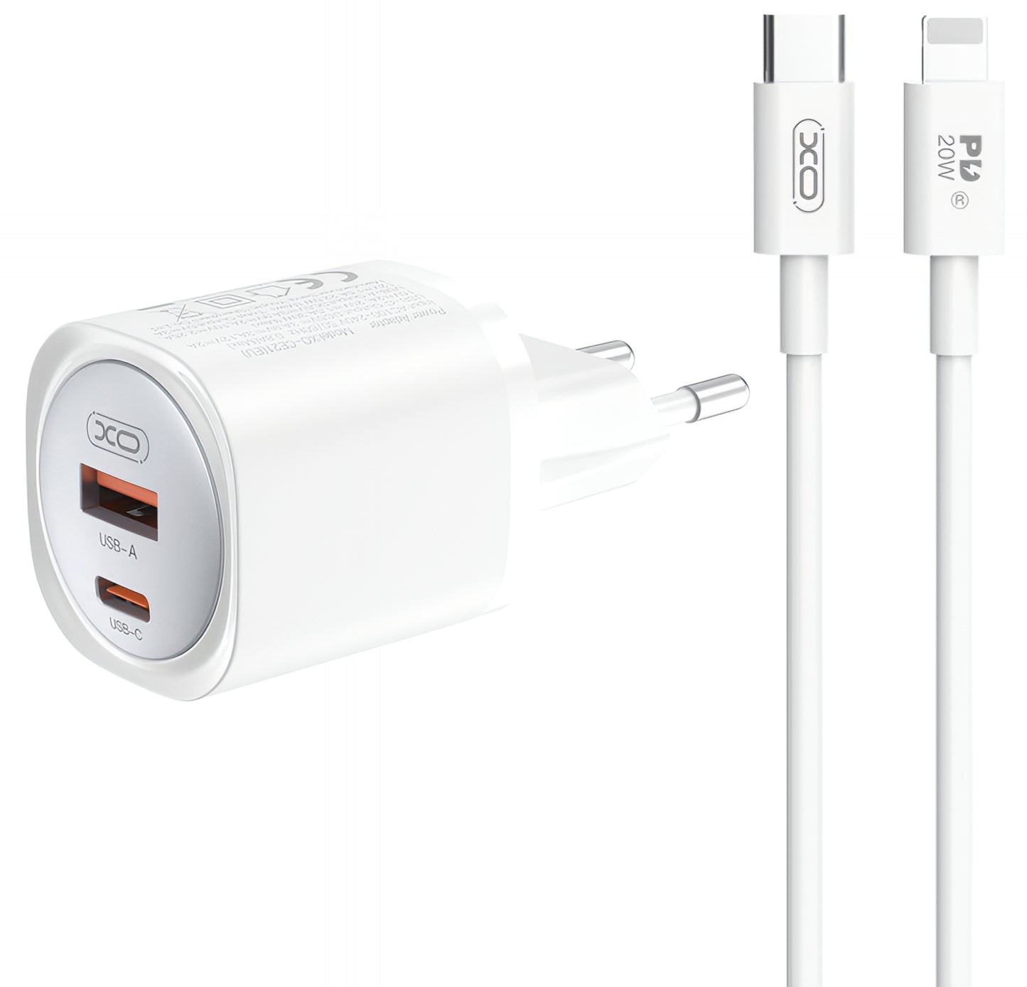 Chargeur réseau avec câble Lightning XO Design CE21, 30W, 3A, 1 x USB-A - 1 x USB-C, Blanc