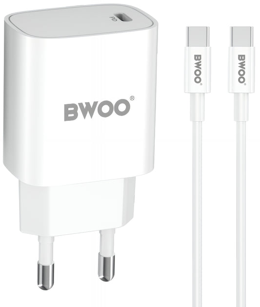 Chargeur réseau avec câble USB-C BWOO CDA159, 20W, 3A, 1 x USB-C, Blanc