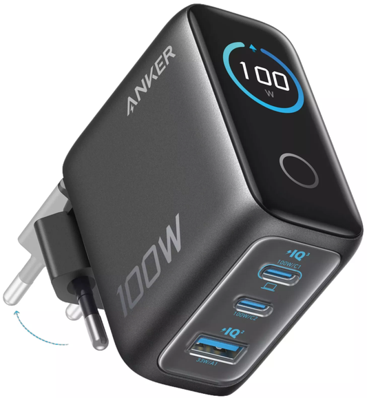 Chargeur Réseau avec Câble USB-C Anker Smart Display, 100W, 5A, 1 x USB-A - 2 x USB-C, Gris B121BGZ1