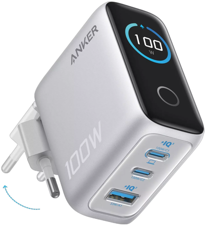 Chargeur réseau avec câble USB-C Anker Smart Display, 100W, 5A, 1 x USB-A - 2 x USB-C, Argenté B121BG41
