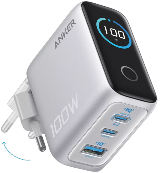 Chargeur réseau avec câble USB-C Anker Smart Display, 100W, 5A, 1 x USB-A - 2 x USB-C, Argenté B121BG41