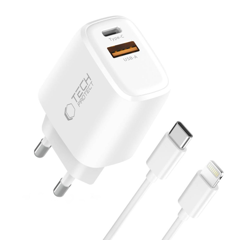 Chargeur secteur avec câble Lightning Tech-Protect NCA20, 20W, 3A, 1 x USB-A - 1 x USB-C, Blanc