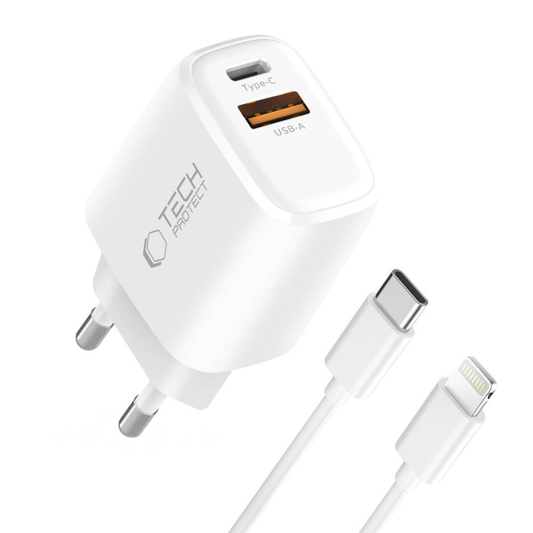 Chargeur secteur avec câble Lightning Tech-Protect NCA20, 20W, 3A, 1 x USB-A - 1 x USB-C, Blanc