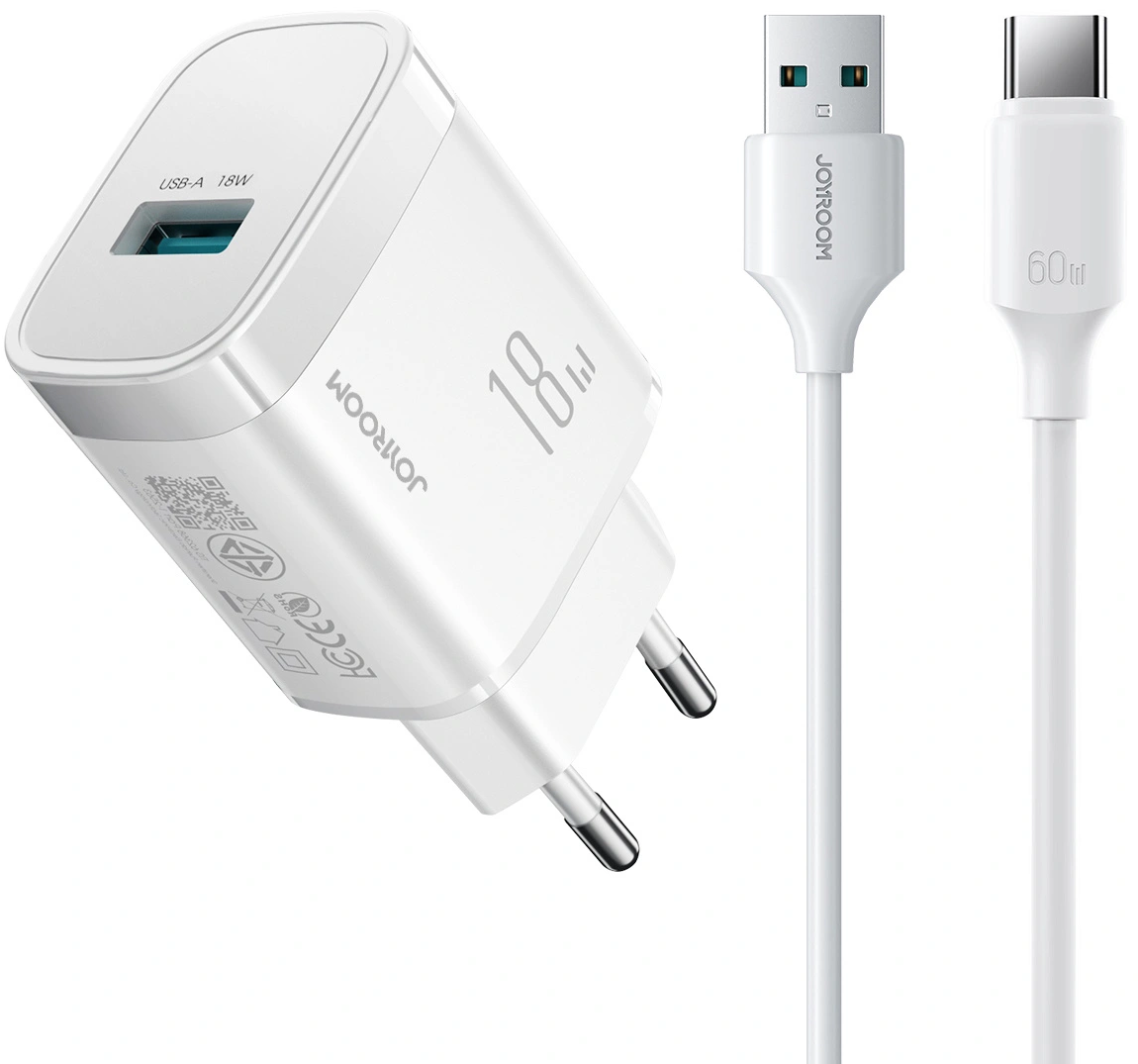 Joyroom JR-TF4 USB-C Cable Wall Charger, 18W, 3A, 1 x USB-A, White