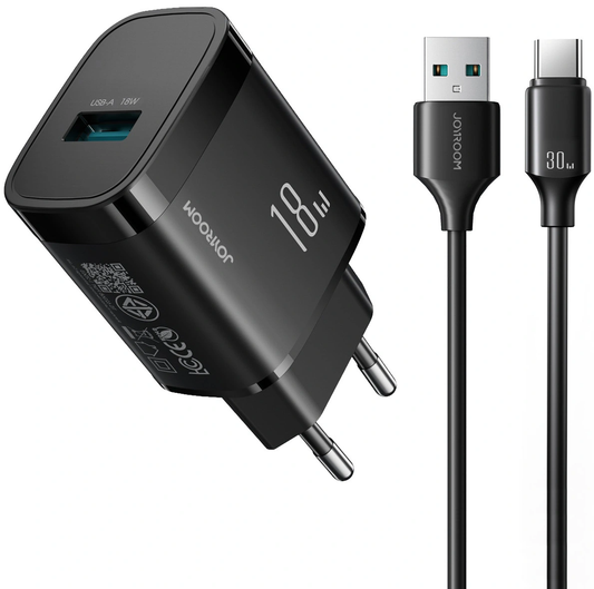 Chargeur secteur avec câble USB-C Joyroom JR-TF4, 18W, 3A, 1 x USB-A, Noir