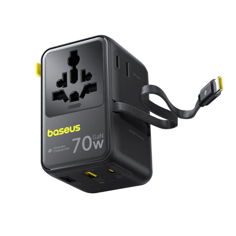 Chargeur secteur avec câble USB-C Baseus Travel EnerCore CG11, 70W, 2 x prise - 1 x USB-C - 2 x USB-A, Noir E0307E00