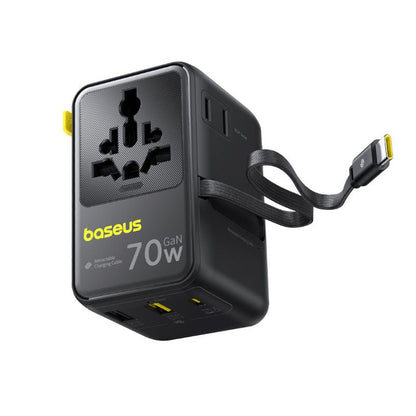 Chargeur secteur avec câble USB-C Baseus Travel EnerCore CG11, 70W, 2 x prise - 1 x USB-C - 2 x USB-A, Noir E0307E00