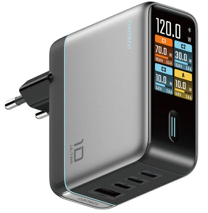 Chargeur secteur avec câble USB-C Cuktech AD1204U Display, 120W, 6A, 1 x USB-A - 2 x USB-C, Argenté