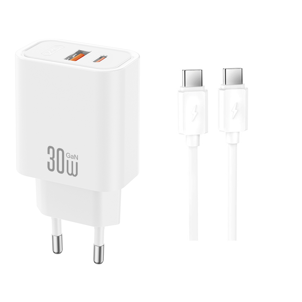 Chargeur secteur avec câble USB-C XO Design CE42, 30W, 3A, 1 x USB-A - 1 x USB-C, Blanc