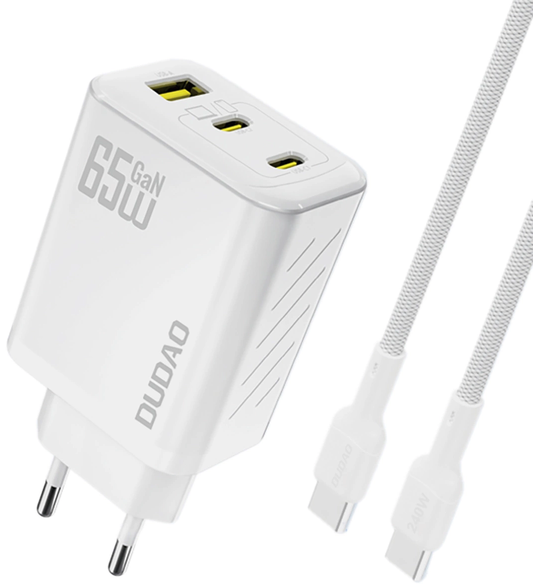 Chargeur secteur avec câble USB-C Dudao A29C, 65W, 3,25A, 1 x USB-A - 2 x USB-C, Blanc