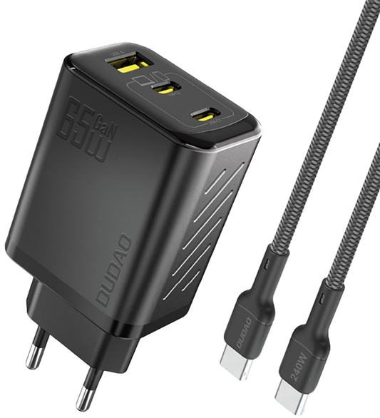 Chargeur secteur avec câble USB-C Dudao A29C, 65W, 3,25A, 1 x USB-A - 2 x USB-C, Noir