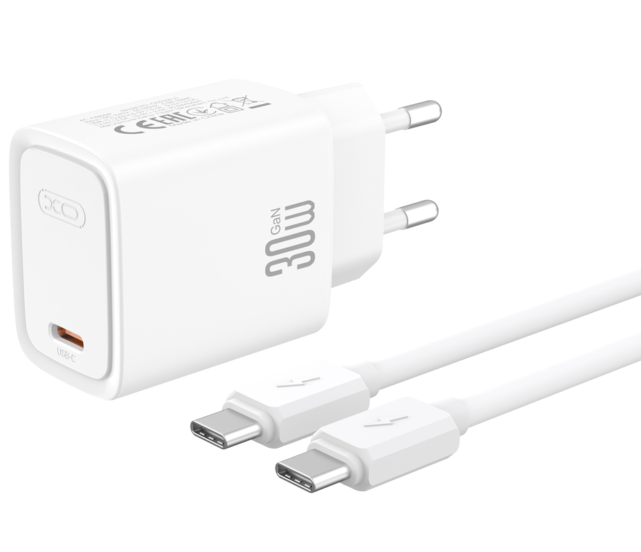 Chargeur secteur avec câble USB-C XO Design CE53, 30 W, 3 A, 1 x USB-C, blanc