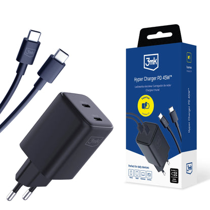 Chargeur réseau HyperCharger 3MK avec câble USB-C, 45W, 3A, 2 x USB-C, noir 