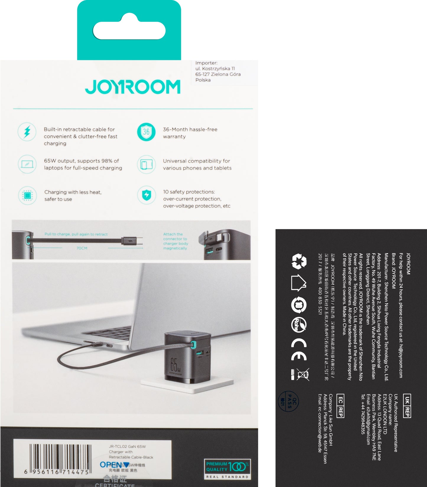 Joyroom JR-TCL02 Chargeur réseau avec câble USB-C JR-TCL02, 65W, 3A, 1 x USB-A - 1 x USB-C, Noir 