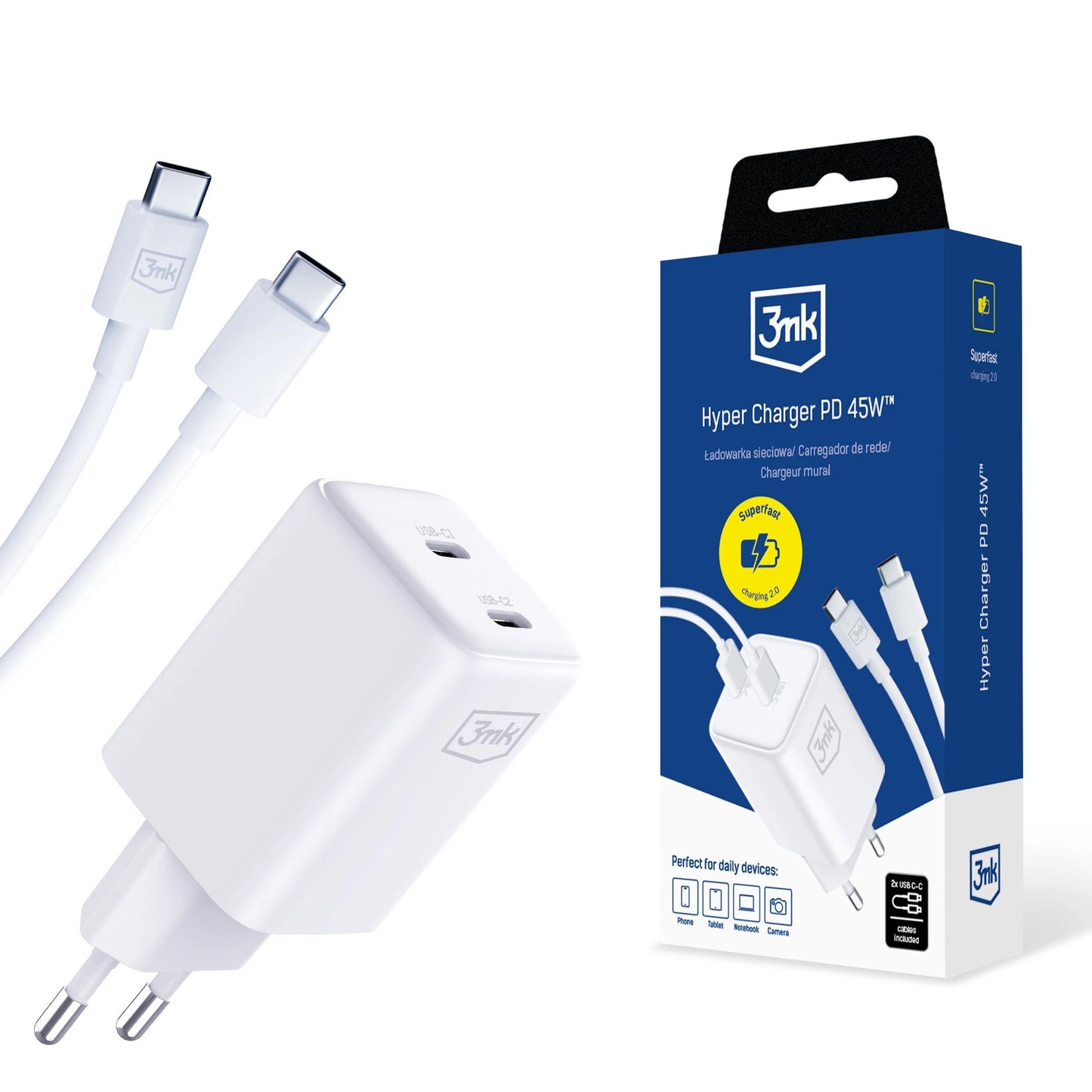 Chargeur réseau HyperCharger 3MK avec câble USB-C, 45W, 3A, 2 x USB-C, blanc 