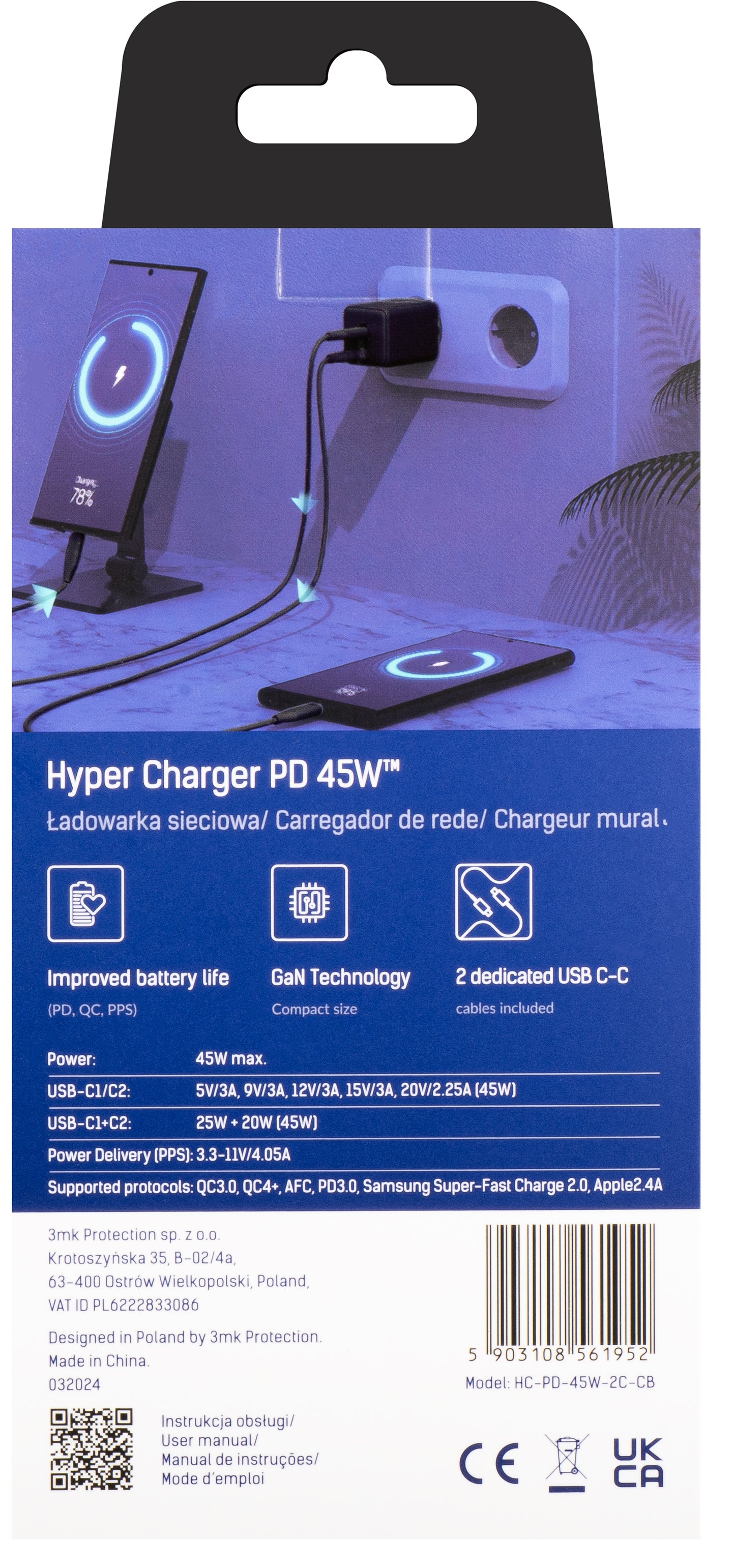 Chargeur réseau HyperCharger 3MK avec câble USB-C, 45W, 3A, 2 x USB-C, noir 