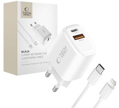 Chargeur secteur avec câble Lightning Tech-Protect NCA20, 20W, 3A, 1 x USB-A - 1 x USB-C, Blanc