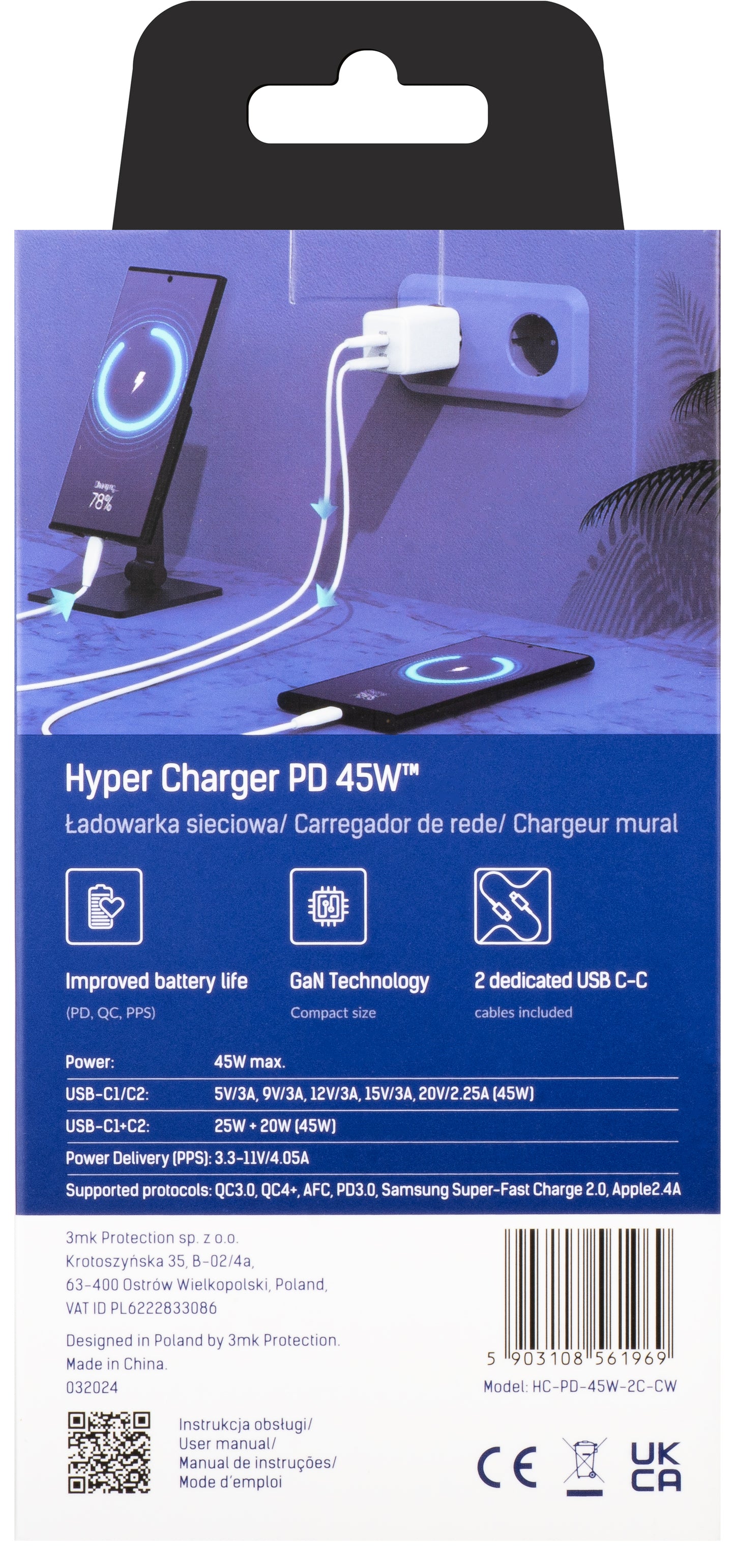 Chargeur réseau HyperCharger 3MK avec câble USB-C, 45W, 3A, 2 x USB-C, blanc 