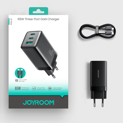 Chargeur secteur avec câble USB-C Joyroom JR-TG10, 65W, 3,25A, 1 x USB-A - 2 x USB-C, Noir