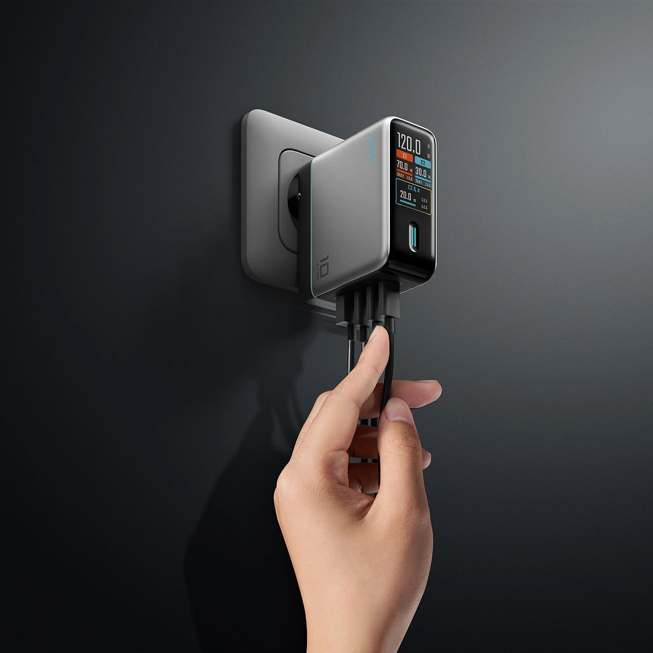 Chargeur secteur avec câble USB-C Cuktech AD1204U Display, 120W, 6A, 1 x USB-A - 2 x USB-C, Argenté