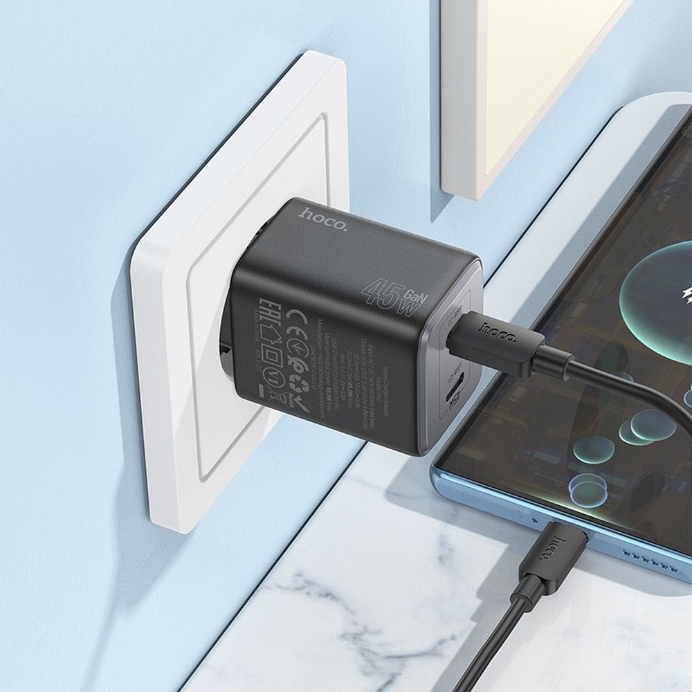 Chargeur réseau avec câble USB-C HOCO N42, 45W, 3A, 2 x USB-C, noir 