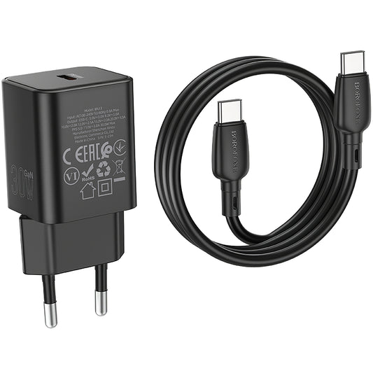 Chargeur réseau avec câble USB-C Borofone BN13 Safety, 30W, 3A, 1 x USB-C, Noir 