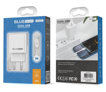 Blue Power BPCE02C Câble USB-C Chargeur réseau BPCE02C, 10,5W, 2,1A, 2 x USB-A, blanc