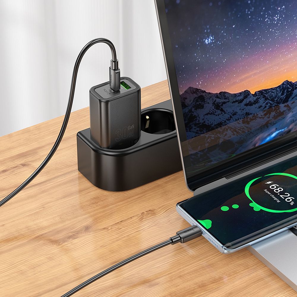 Chargeur réseau avec câble USB-C HOCO N63, 30W, 3A, 1 x USB-A - 1 x USB-C, Noir