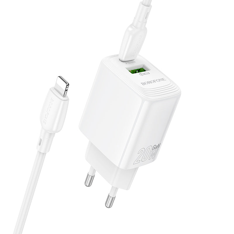 Chargeur réseau avec câble Lightning Borofone BN27 Fuente, 20W, 3A, 1 x USB-A - 1 x USB-C, Blanc