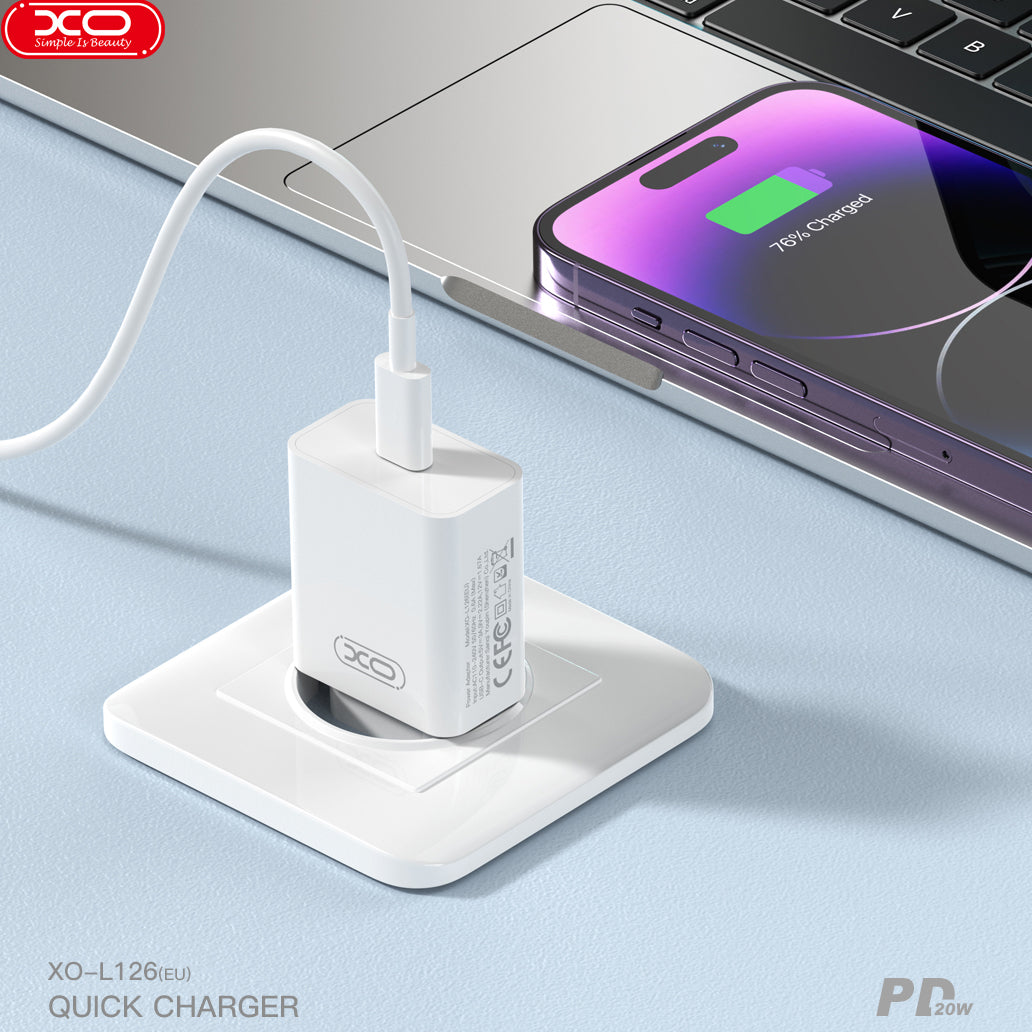 Chargeur réseau avec câble USB-C XO Design L126, 20W, 3A, 1 x USB-C, Blanc