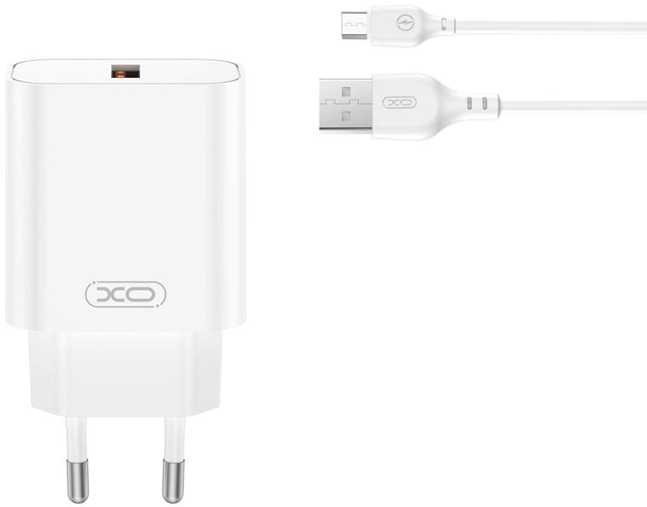 Chargeur réseau avec câble microUSB XO Design CE33, 18W, 3A, 1 x USB-A, Blanc