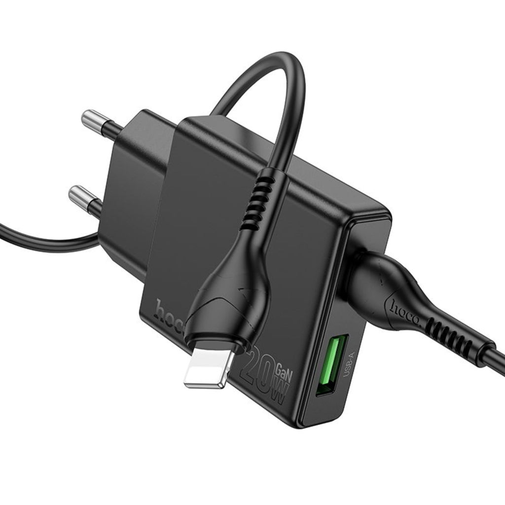 Chargeur réseau avec câble Lightning HOCO N38, 20W, 3A, 1 x USB-A - 1 x USB-C, Noir