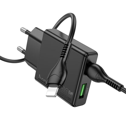 Chargeur réseau avec câble Lightning HOCO N38, 20W, 3A, 1 x USB-A - 1 x USB-C, Noir