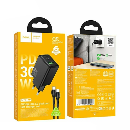 Chargeur réseau avec câble USB-C HOCO N71, 30W, 3A, 1 x USB-A - 1 x USB-C, Noir